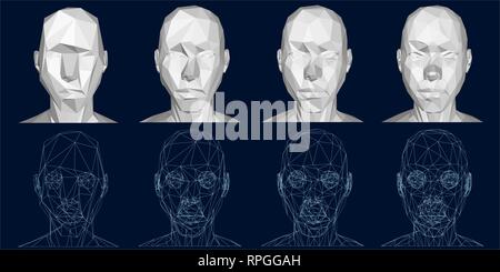 Head retopology. Polygonal human head from simple to complex shape. The sequence of complication of the form. 3D. Wireframe of the human head. Vector  Stock Vector