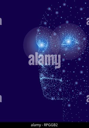 Abstract face of a person from points. Glowing lights on the face. Side view. 3D. Vector illustration. Stock Vector
