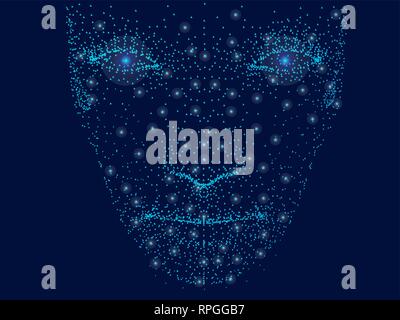 Abstract face of a person from points. Glowing lights on the face. Front view. 3D. Vector illustration. Stock Vector