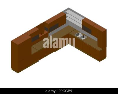 Kitchen isometric. Orange isometric kitchen on a white background. Isolated. 3D. Vector illustration. Stock Vector