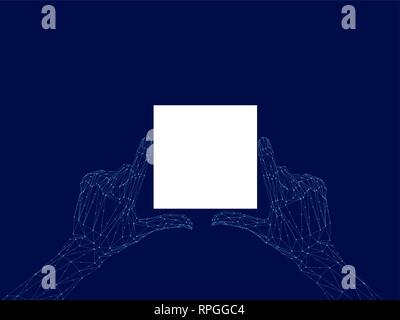 Wireframe of polygonal human hands are holding a white frame. Robotization. Pattern with polygonal hands. 3D. Vector illustration. Stock Vector
