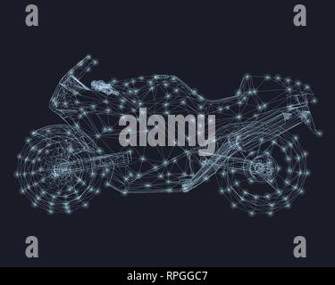 Polygon wireframe motorcycle. Motorcycle of blue lines on a dark background. Motorcycle frame with glowing lights. 3D. Vector illustration. Stock Vector