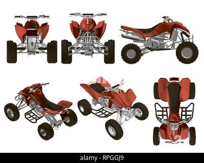 Set with the ATV in different types. Red quad detailed isolated on white background. Isometric view, side, front, top. 3D. Vector illustration of atv. Stock Vector