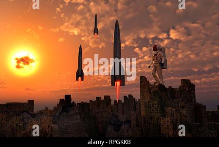 The Exodus Of Mankind From A Dying Earth. Stock Photo