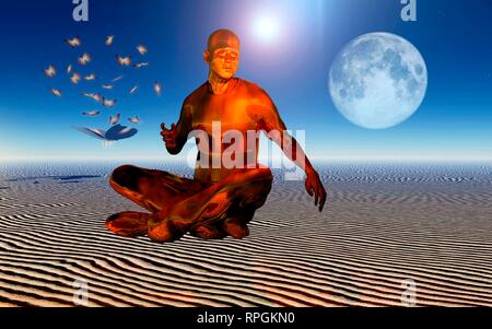 Male Figure Levitating in an Alternate State, While Practicing Transcendental Meditation. Stock Photo