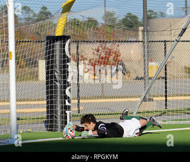 Young goal keeper stops a penalty kick with a diving save, trapping the ball on the goal line, in high school boys soccer action in Shenandoah, Texas. Stock Photo