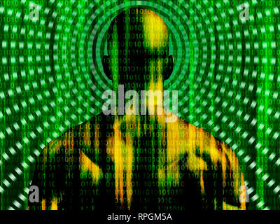 Binary code streaming with man Stock Photo