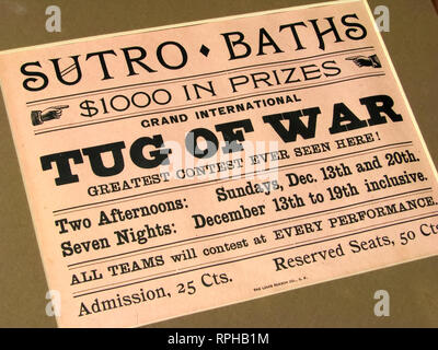 Competition Tug of War announcement at the vintage Sutro Baths saltwater pool in Richmond, San Francisco. Stock Photo