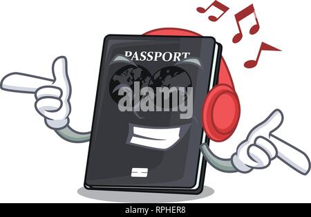 Listening music black passport on the mascot table Stock Vector