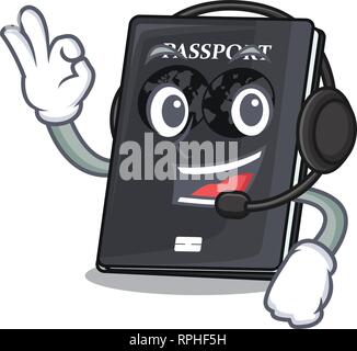 With headphone black passport isolated with the cartoons Stock Vector