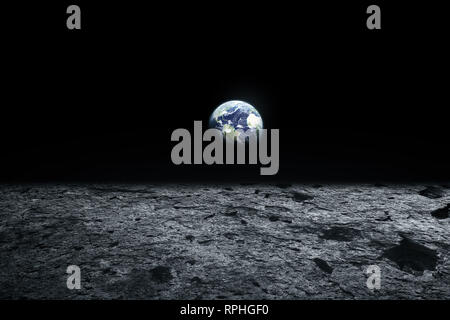 Moon surface and Earth on the horizon. Space art fantasy. Black and white. Elements of this image furnished by NASA Stock Photo
