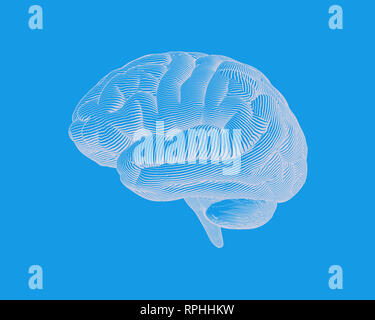 Negative brain drawing side view with wireframe illustration on black ...