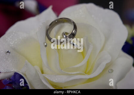 Closeup shot of silver wedding rings on a synthetic white rose Stock Photo