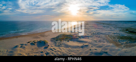 Aerial panorama of Stockton beach at sunset. Anna Bay, New South Wales, Australia Stock Photo