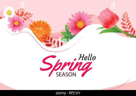 Hello spring greeting card and invitation with blooming flowers background template. Design for decor, flyers, posters, brochure, banner. Stock Vector