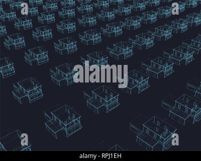 Background with a variety of wireframe houses. Isometric view. 3D. Vector illustration. Stock Vector