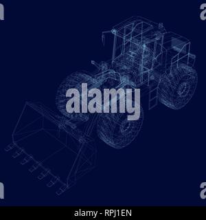 Wireframe of the bulldozer. Polygonal detailed bulldozer. Bulldozer of 3D blue lines. Vector illustration. Stock Vector