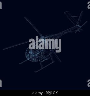 wireframe of helicopter. Isometric view. Polygonal helicopter from blue lines. 3D. Vector illustration. Stock Vector