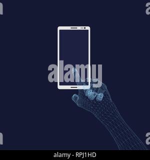 Abstract background with man hand tapping the screen of the phone. Vector illustration. Stock Vector