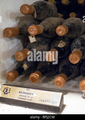 Pre-World War II bottles of 1935 vintage Romanee-Conti Grand Cru wine in the wine cellars of Cricova Winery, Moldova’s second largest wine cellar with Stock Photo