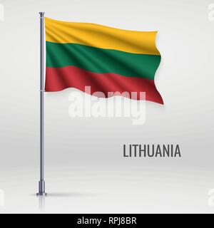 Waving flag of Lithuania on flagpole. Template for independence day poster design Stock Vector