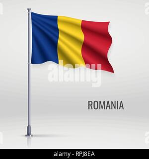 Waving flag of Romania on flagpole. Template for independence day poster design Stock Vector