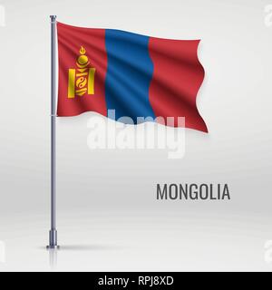 Waving flag of Mongolia on flagpole. Template for independence day poster design Stock Vector