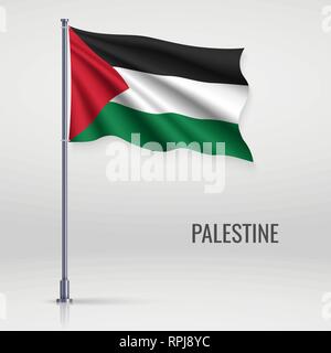 Waving flag of Palestine on flagpole. Template for independence day poster design Stock Vector