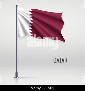 Waving flag of Qatar on flagpole. Template for independence day poster design Stock Vector