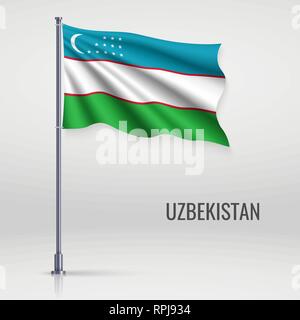 Waving flag of Uzbekistan on flagpole. Template for independence day poster design Stock Vector