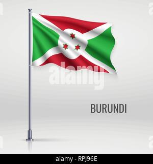 Waving flag of Burundi on flagpole. Template for independence day poster design Stock Vector