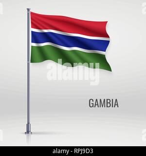 Waving flag of Gambia on flagpole. Template for independence day poster design Stock Vector