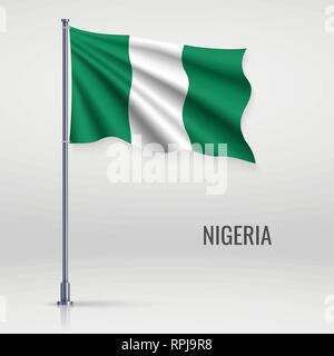 Waving flag of Nigeria on flagpole. Template for independence day poster design Stock Vector