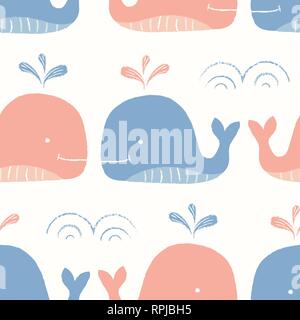 Whimsical, Pastel-Colored Hand-Drawn with Crayons, Coral and Blue Whales in Sea Vector Seamless Pattern. Fun Kids and babies nautical background. Sea, Stock Vector
