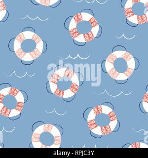 Whimsical, Pastel-Colored Hand-Drawn with Crayons, Lifebuoys in Sea Vector Seamless Pattern. Fun Kids and babies nautical background. Sea, Ocean Objec Stock Vector