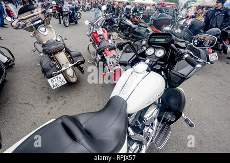 Russia, Vladivostok, 10/06/2018. View on steering wheel of Harley-Davidson motorbike (motorcycle). Classic bikes, active lifestyle, motorbike as hobby Stock Photo