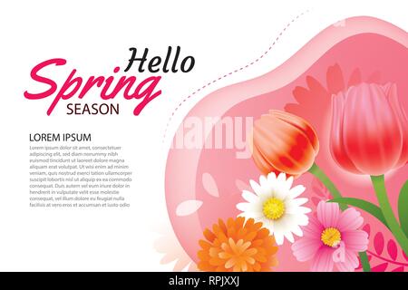 Hello spring greeting card and invitation with blooming flowers background template. Design for decor, flyers, posters, brochure, banner. Stock Vector