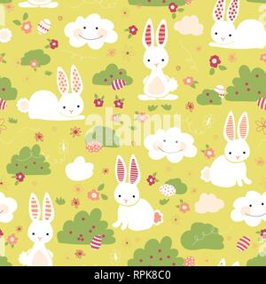 Easter bunny seamless vector pattern. Cute bunnies, Easter eggs, flowers, clouds on green background. Cartoon style rabbits hiding eggs. For gift wrap, digital paper, kids fabric, web banner, spring Stock Vector