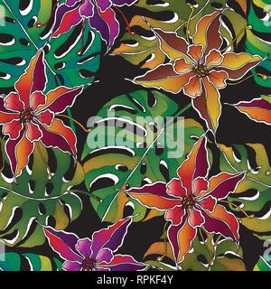Doodle floral tropical seamless pattern vector with doodles colorful flowers, monstera leaves on black background. Stock Vector