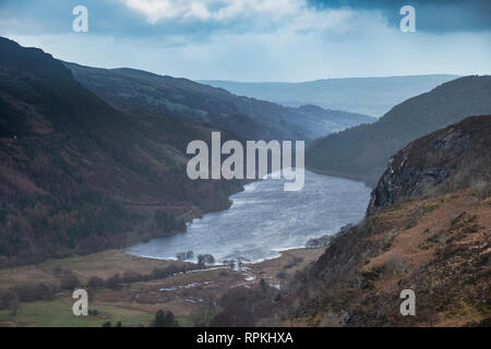 Landscape image of view from peak of Crimpiau towards Llyn Crafnant in Snowdonia Stock Photo