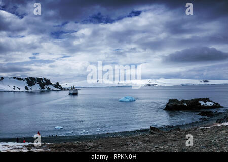 Scene of icebergs, penguins, seals, snow and ice in Antarctica, world's southernmost continent Stock Photo