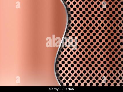 Abstract copper metal background made from hexagon pattern texture with curve sheet iron. Geometric grille black and red. Vector illustration Stock Vector