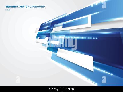 Abstract 3d blue and white rectangles motion with lighting effect technology futuristic digital concept perspective on white background with copy spac Stock Vector