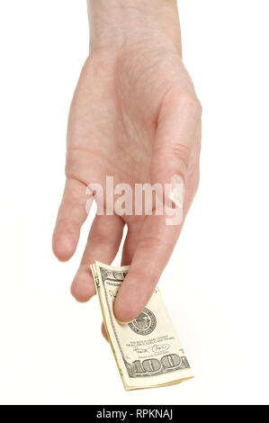 Female hand holding one hundred dollar banknote on white background, isolated Stock Photo