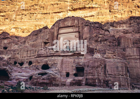 Tombs seen from Street of Facades in Petra historical city of Nabatean Kingdom in Jordan