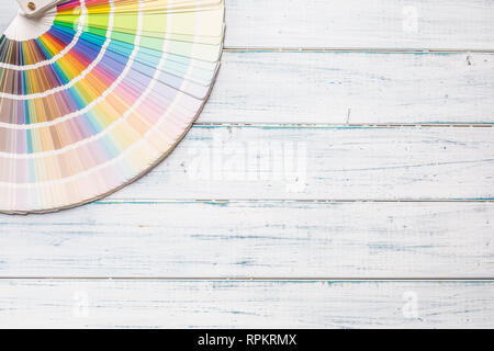 Top of view color palette on wooden table. Stock Photo