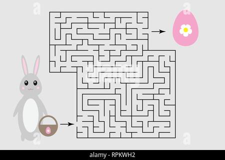 Easter labyrinth game, help the bunny to find a way out of the maze, cute cartoon character, preschool worksheet activity for kids, task for the devel Stock Vector