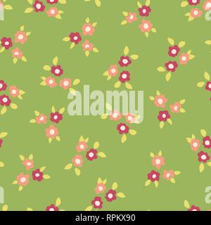 Scattered ditsy flowers green pink coral seamless vector pattern. Small folk florals repeating background. Coordinate for my Easter design. Fabric, gi Stock Vector