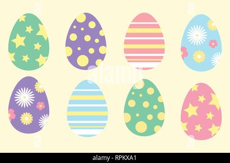 Set of colorful ornament easter eggs in cartoon style, simple flat design, vector Stock Vector