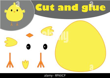 Chick cartoon style, education easter game for the development of preschool children, use scissors and glue to create the applique, cut parts of the i Stock Vector